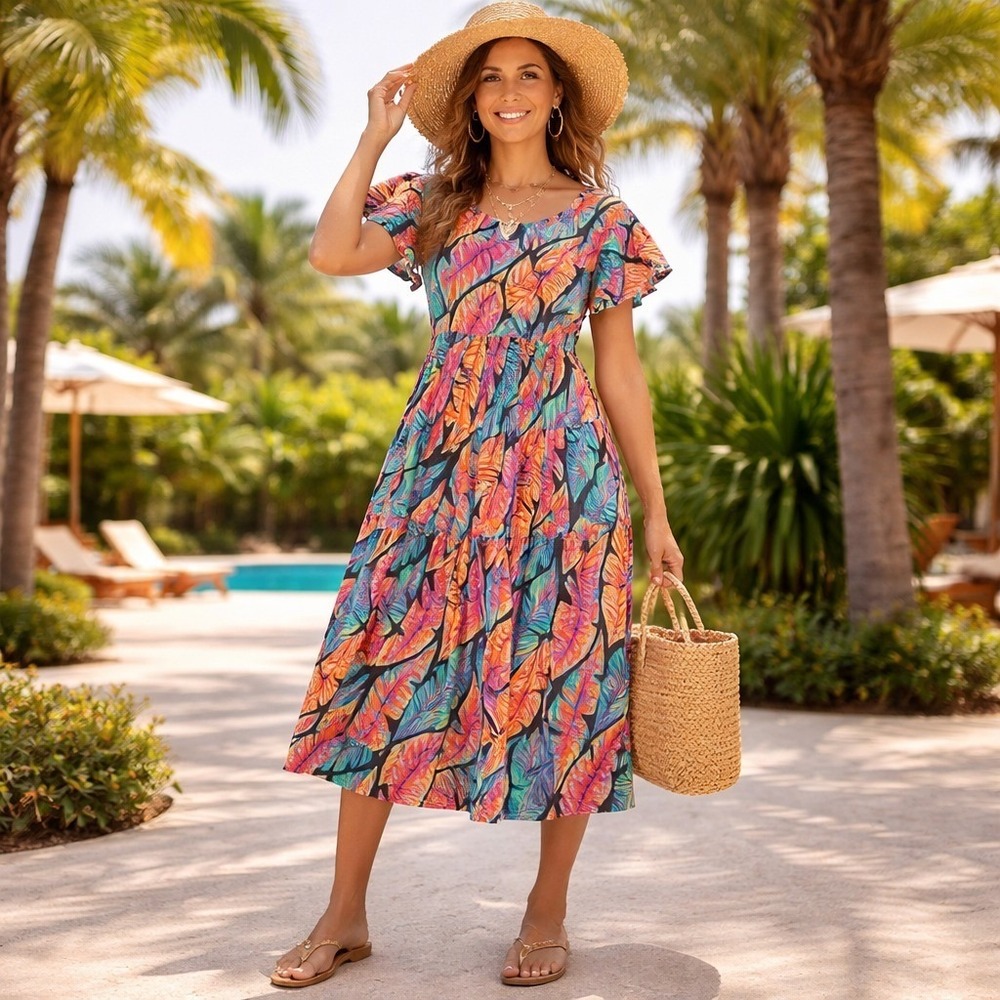 Tiffany and Grey Tiered Maxi Dress Sz S Multicolor Short Sleeve Stretch Tropical